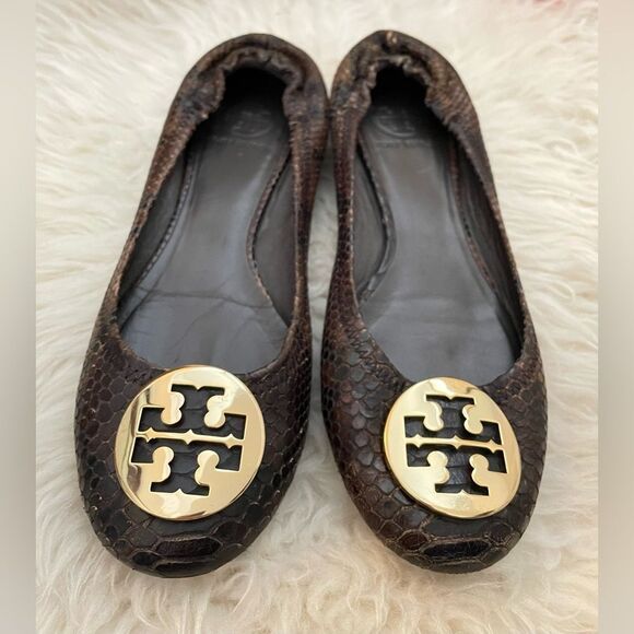 Tory Burch Reva Snakeskin Brown Flat 8 - Picture 1 of 6